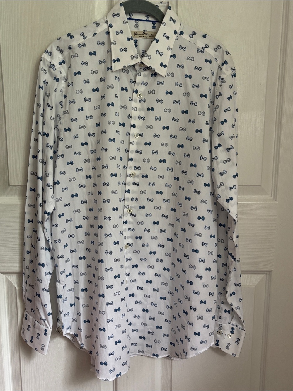 Giovanni Rosmini Italian White Button-Up Shirt  Navy Bow Tie Novelty Print Sz 16